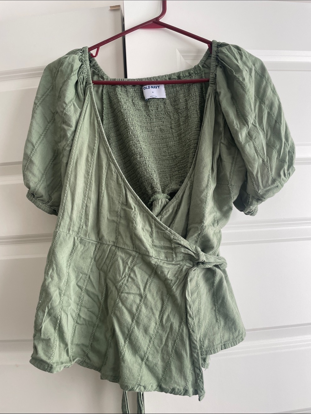 Old Navy Light Sage Green Wrap Top with Puff Sleeves